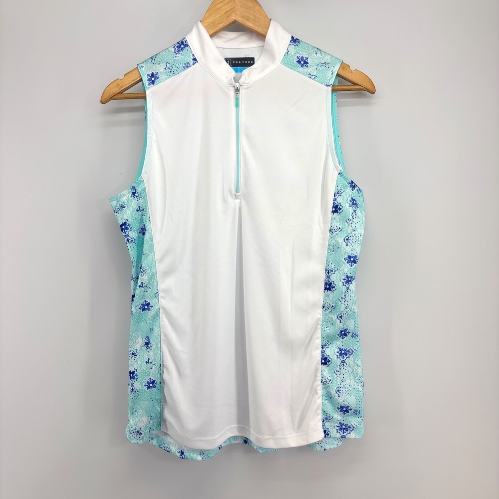 PGA Tour Women Sleeveless Golf Polo White Teal Floral Quarter Zip Size Large